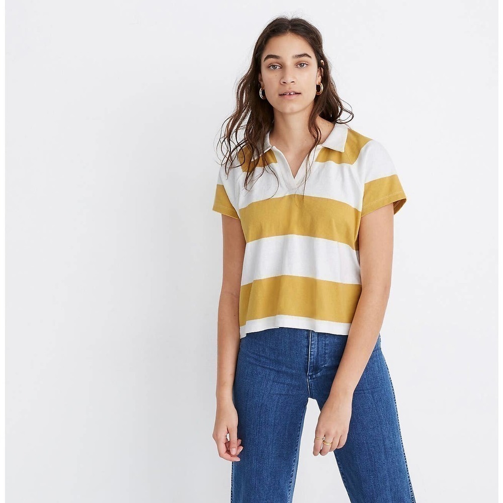 Madewell Women's Boxy Tee Polo Yellow Lefferts Stripe Size XXS